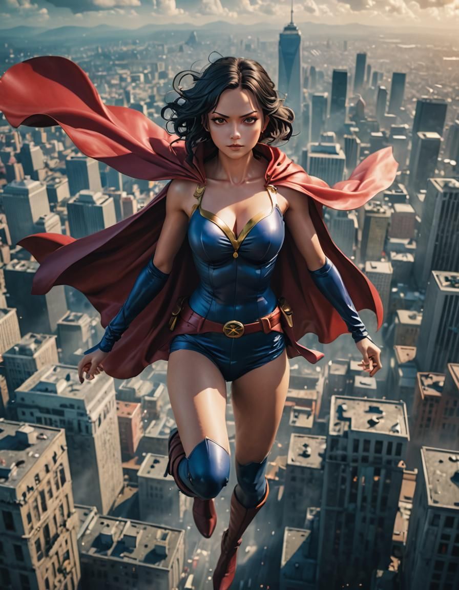 Superpowered Heroine Soaring Above City in 3D