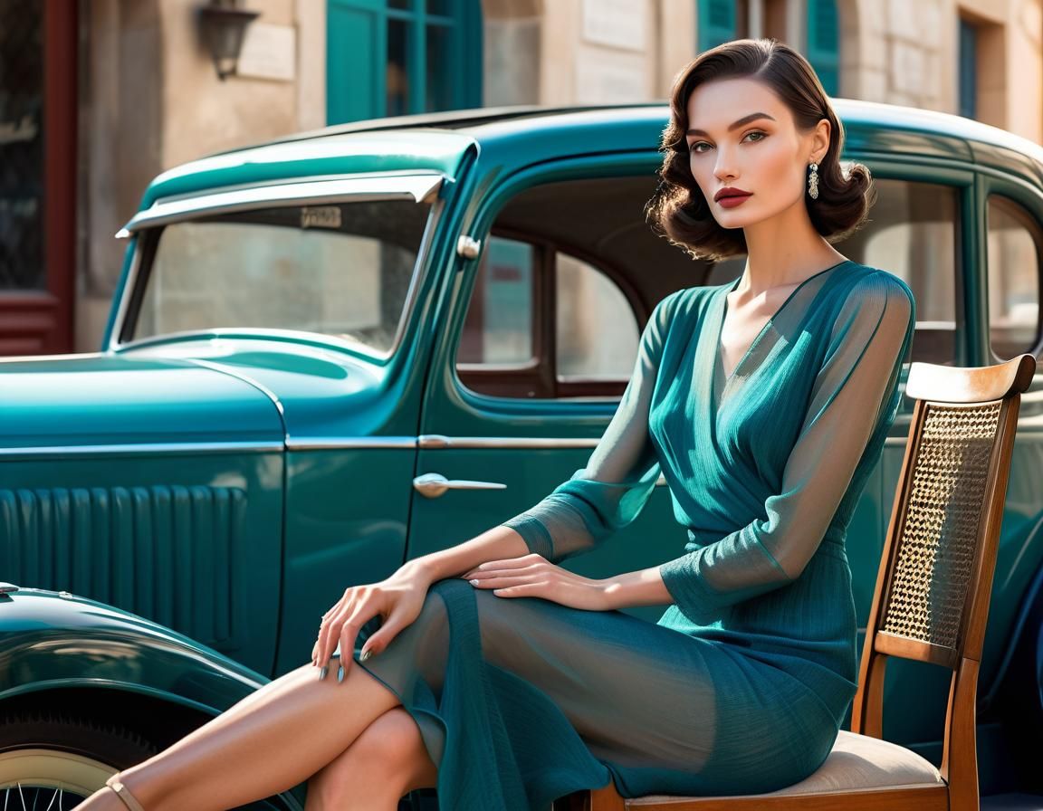 Brunette in Teal Dress Admiring Vintage Car
