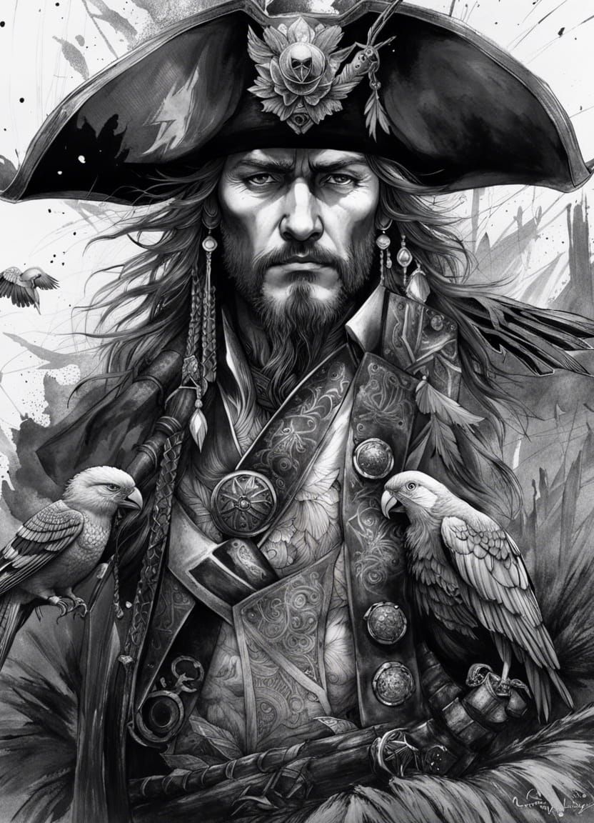 Pirate and Parrot: Ink Painting Masterpiece
