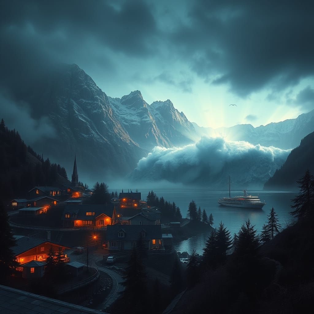 Lakeside Village Tsunami at Nightfall, Digital Painting