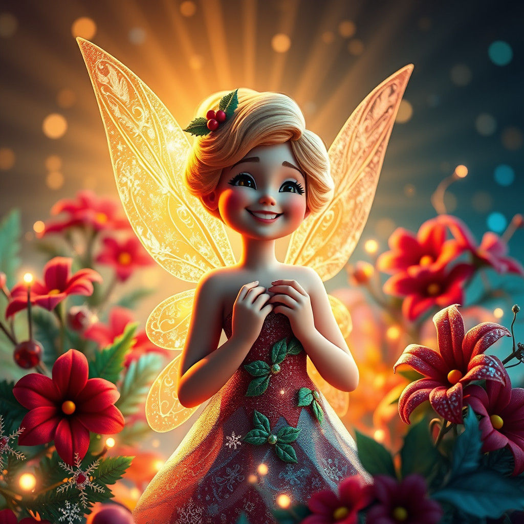 Smiling Christmas Fairy in a Festive Holiday Scene