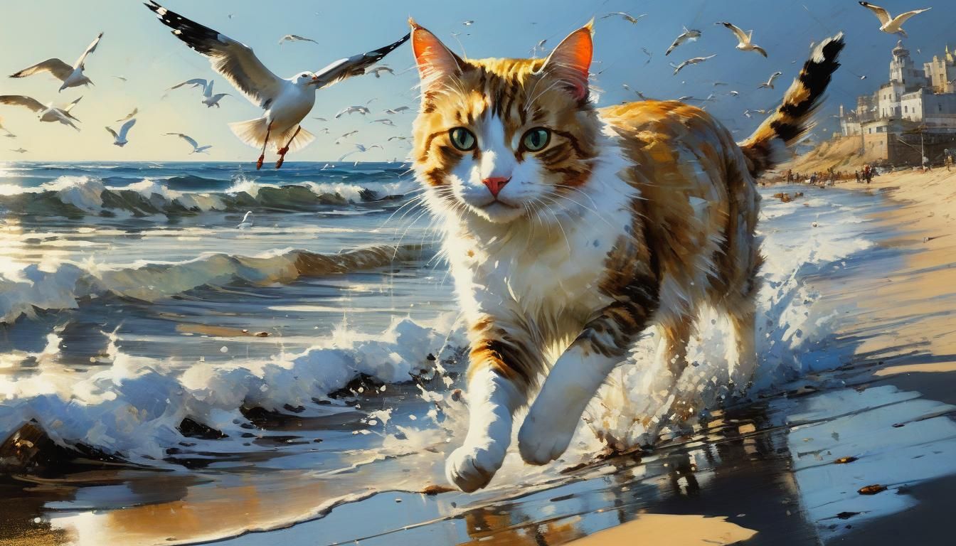 Cat Runs on Beach in Fine Art Style