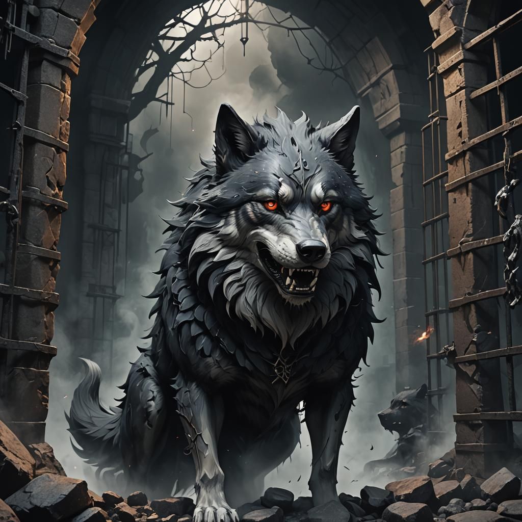 Medieval Smoke Wolf in Dark Cave, Surreal Art