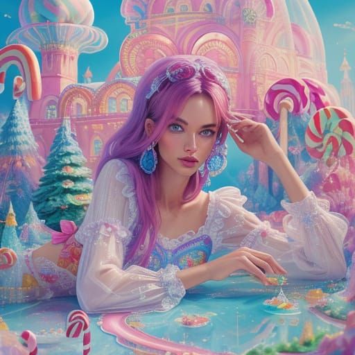 Ukrainian Supermodel Poses in Candyland, Whimsical Art Style