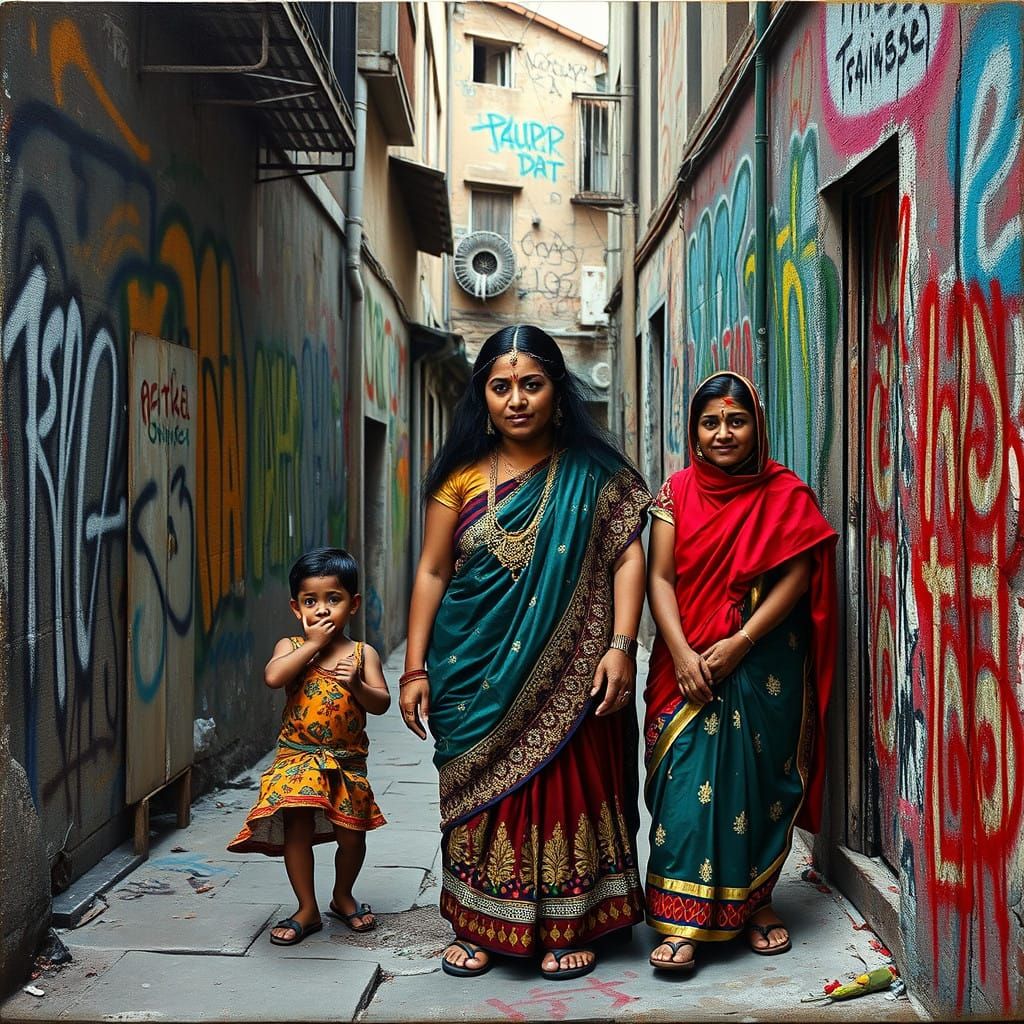 Portrait: FULL BODY Madhubani painting, Charismatic Family, Graffiti Alleyway, Louise Lawler Expressionism QUAD 3