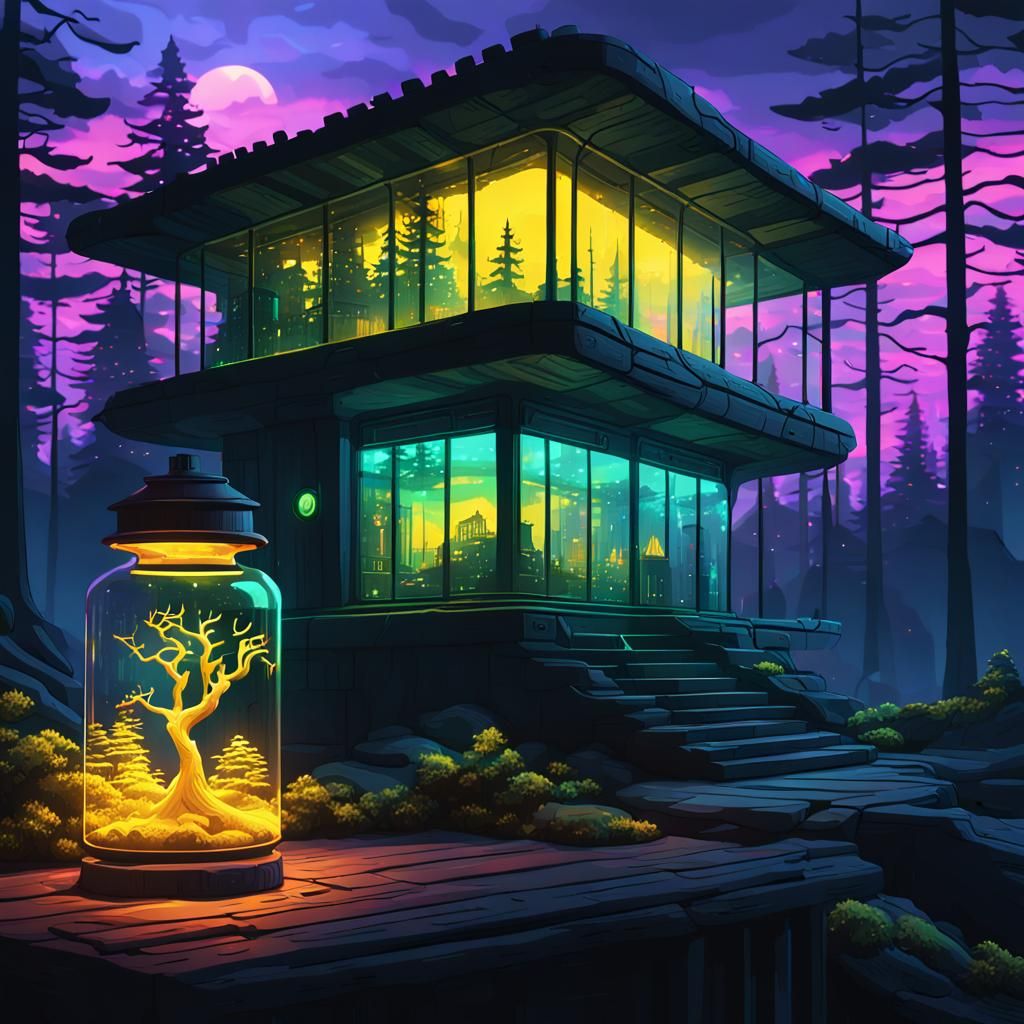 Cyberpunk Haunted House in Glass Vase