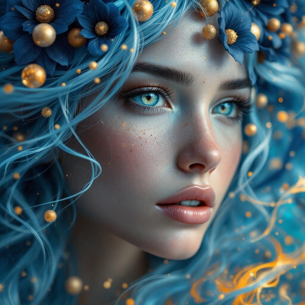 Ethereal Woman Portrait with Flowing Blue Hair