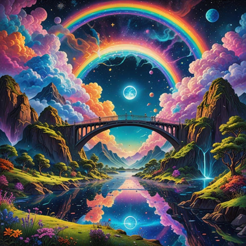 Cosmic Rainbow Bridge Connects Lush Floating Islands in Vibr...