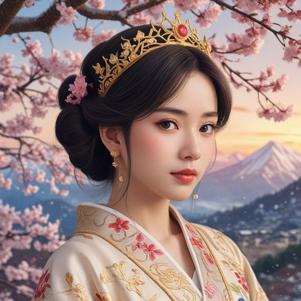 Regal Princess in Traditional Japanese Attire, Cherry Blosso...
