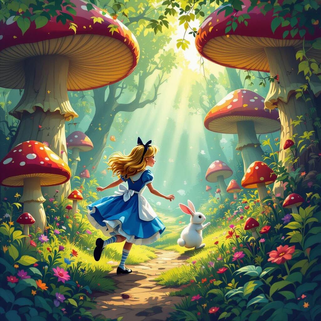 Alice Chasing Rabbit in Enchanting Mushroom Forest
