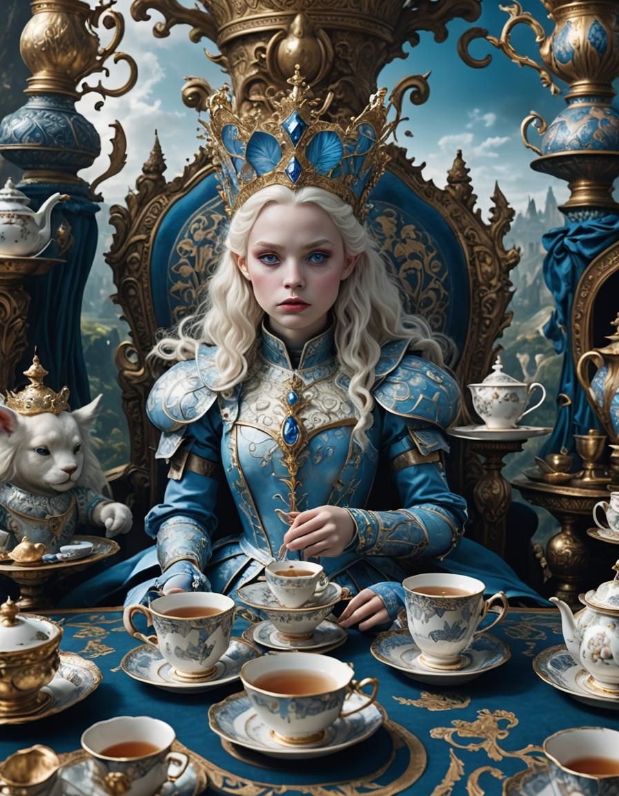 WARRIOR Albino Alice in Wonderland blue armor teacup motifs