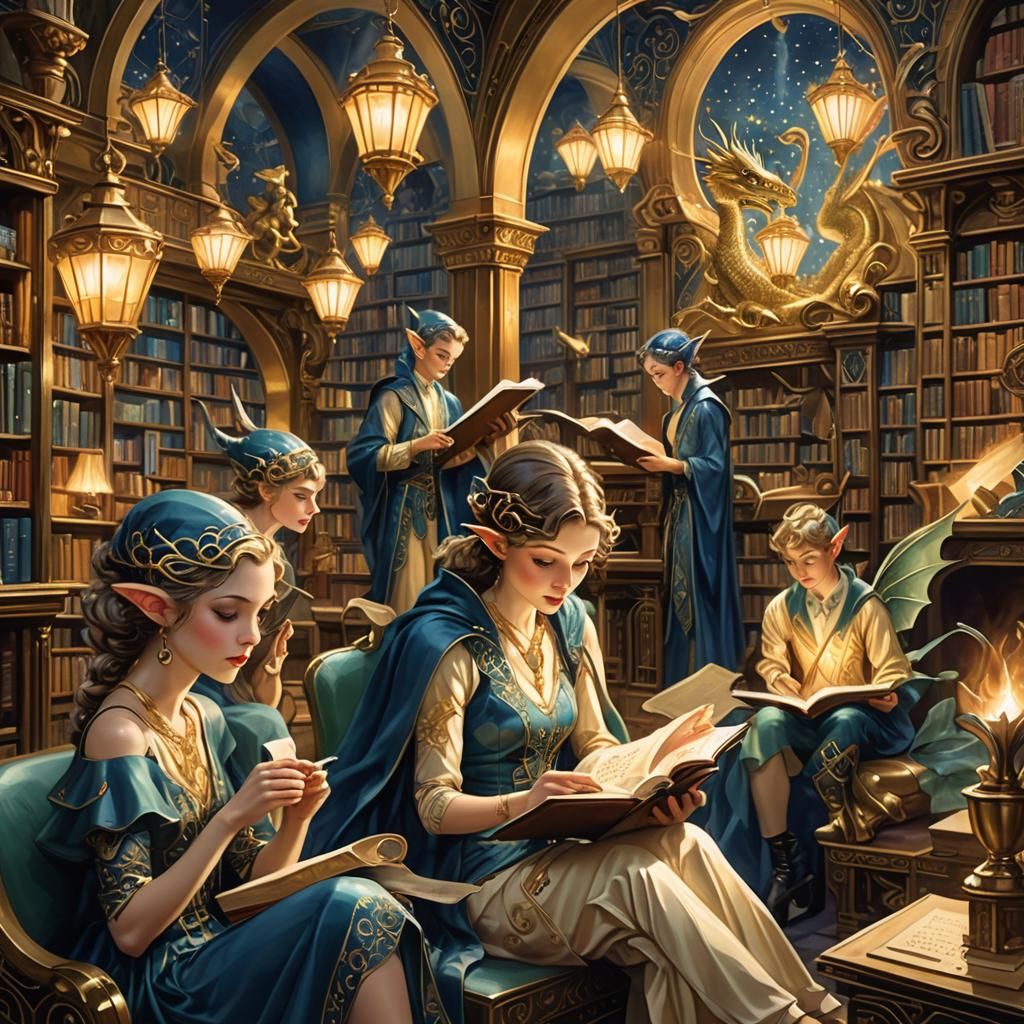 Elves in Art Deco Bookstore with Dragons