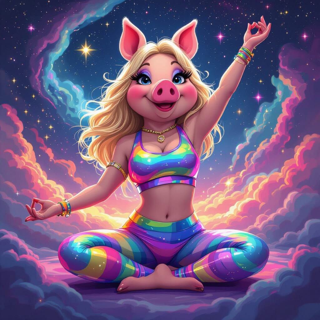 Cosmic Yoga with Miss Piggy in Neon Hues