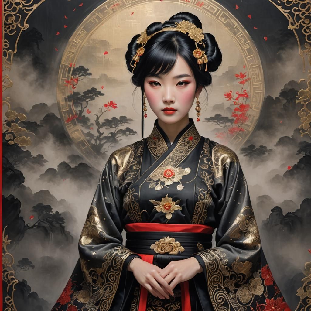 Chinese Woman in Miko Costume with Ethereal Background