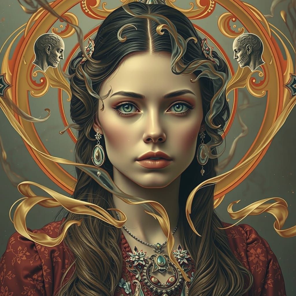 Dreamlike Woman Floating in Mists: Hyperrealistic Expression...