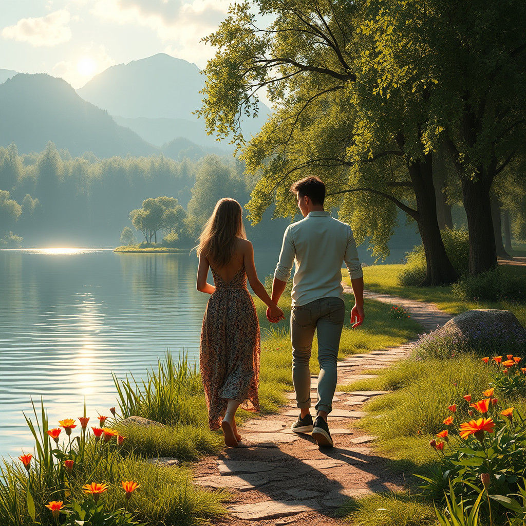 Lovers Stroll Lakeside in Fantasy Matte Painting