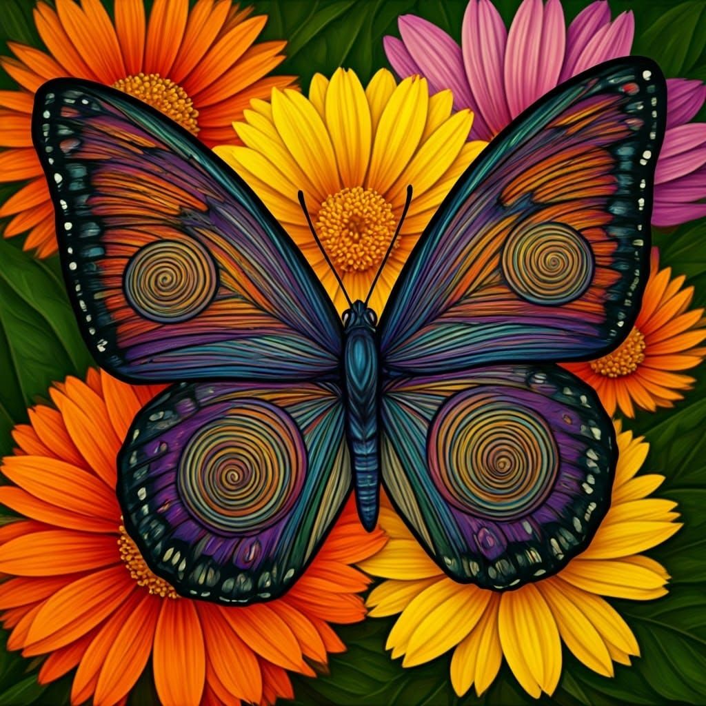 Colorful String Art Butterfly Among Vibrant Flowers