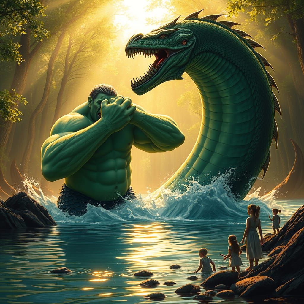 Ogre Battles Sea Monster in a Fairy Tale Hyper-Realistic Sce...