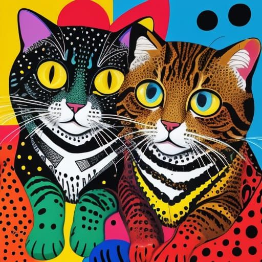 two cats, Yayoi Kusama style, naive art, minimalist, impasto...
