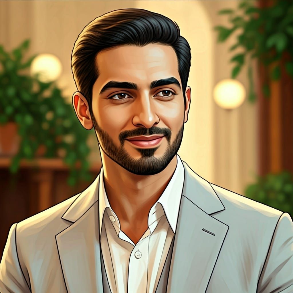 Smiling Middle Eastern Man in Mucha-Inspired Portrait