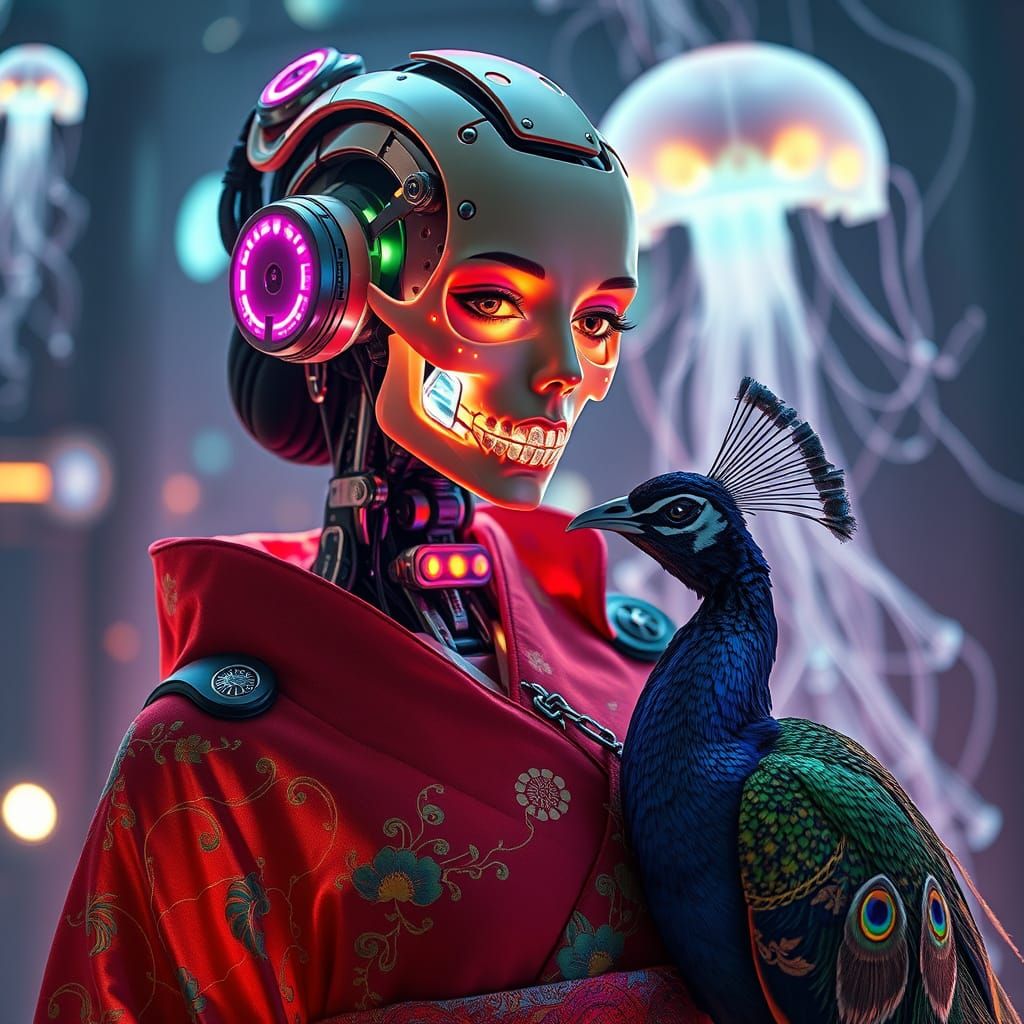 Cyberpunk Robot with Peacock in Futuristic Setting