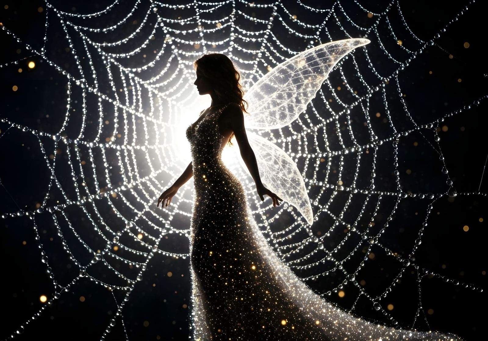Luminous Fairy Entangled in Dew-Kissed Cobweb