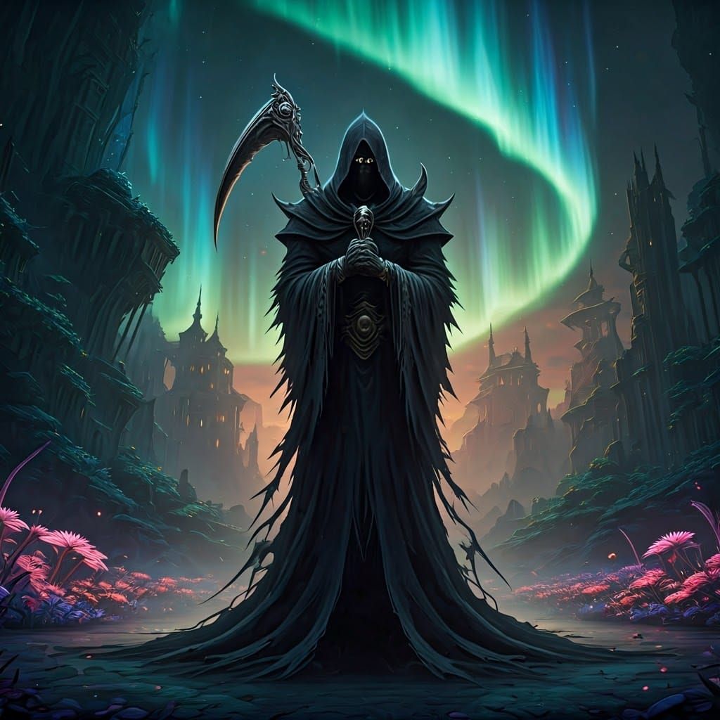 Majestic Reaper in Mystical Dark Fantasy Landscape