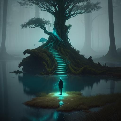 Mystical Figure by Lake, Bioluminescent Sculpture Art