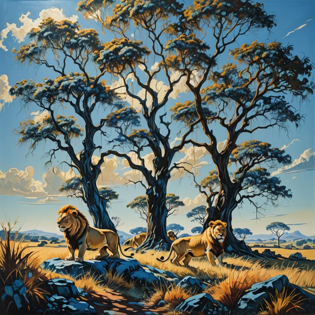 Surreal Savannah Lions in Abstract Expressionism