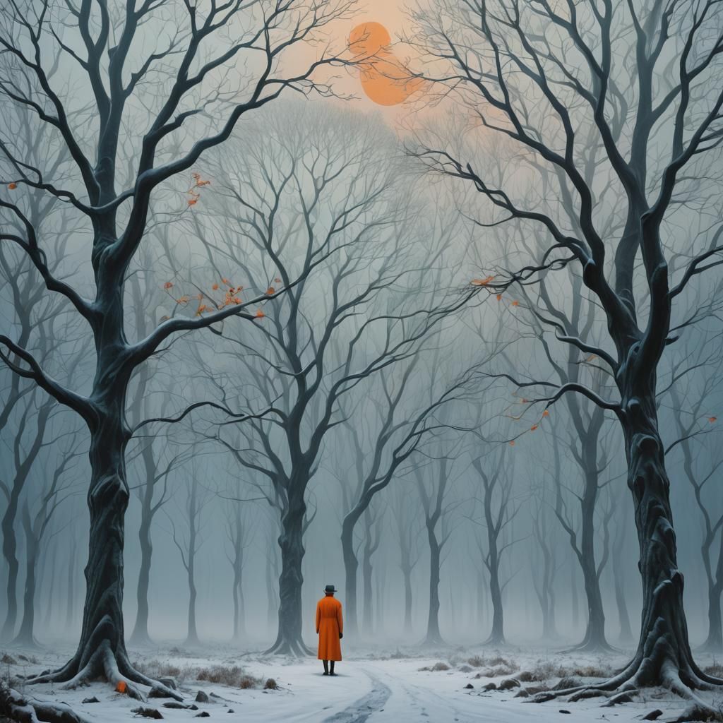 Magritte-Inspired Surrealism: Figure in Frozen Forest