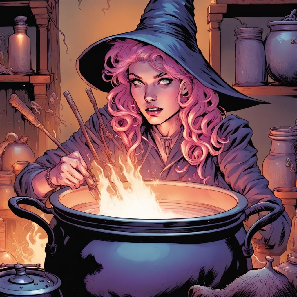 Pink-Haired Witch Brews Comic Book Potion