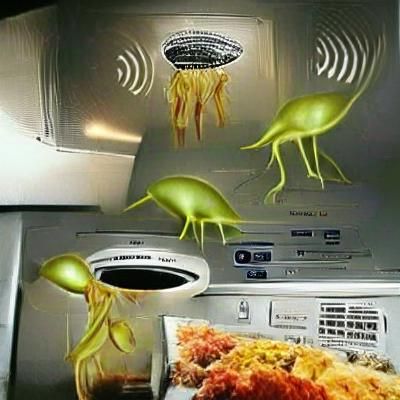 Surreal Microwave Aliens Invade Kitchen at Night