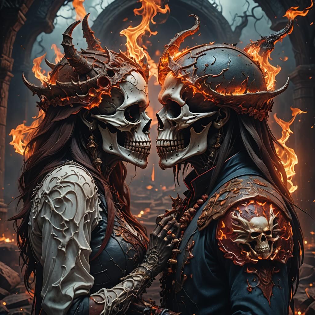 Flaming Skull Couple Embrace: Diablo Ghost Kiss
