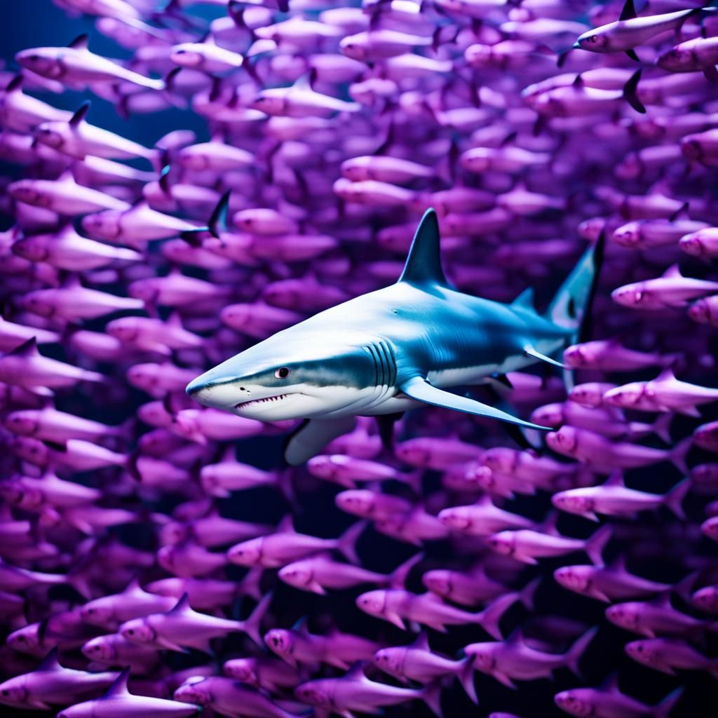 Blue Shark Swimming Through School of Fish
