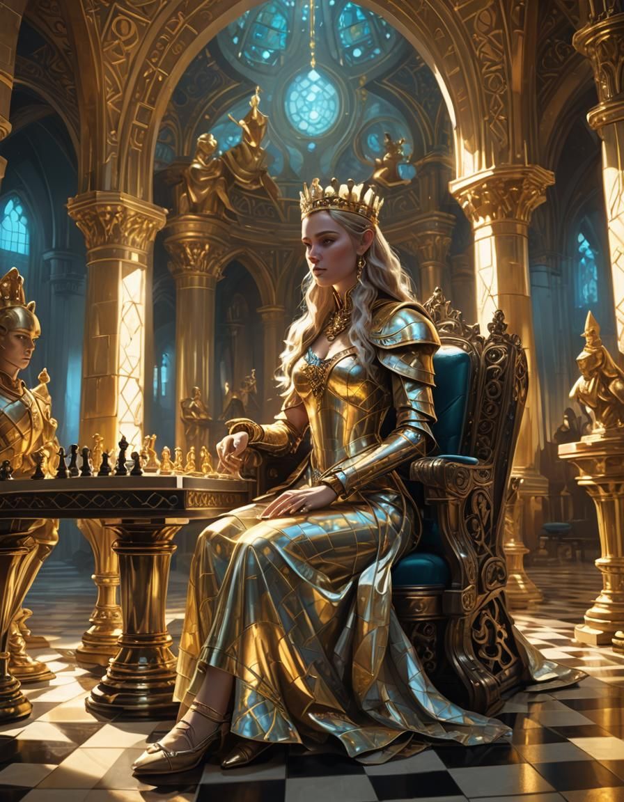 Fantasy Queen Chess Game in Retrofuturism Style