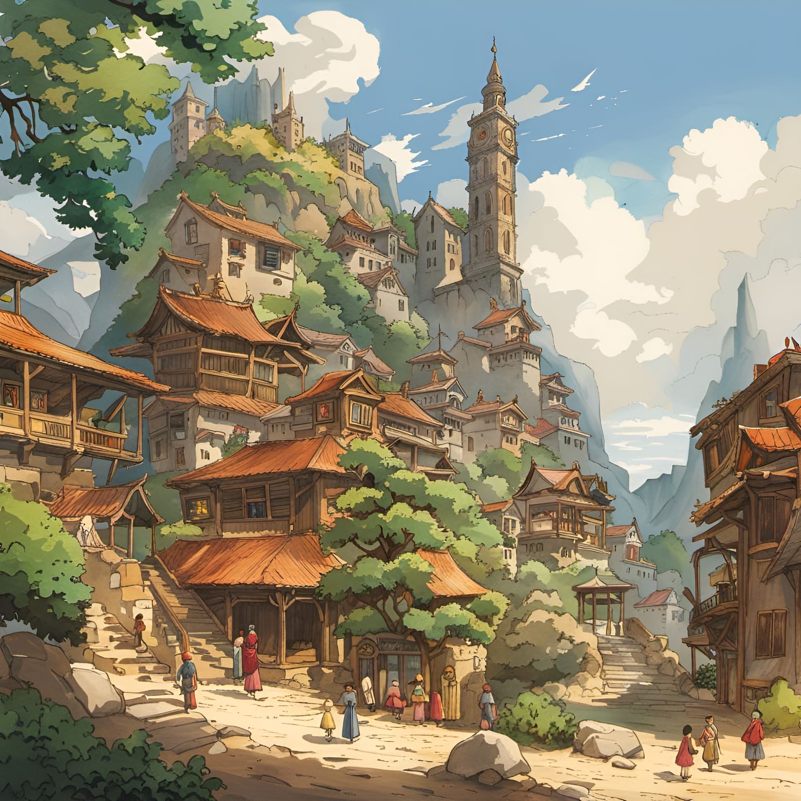 Watercolor Medieval City Inspired by Studio Ghibli