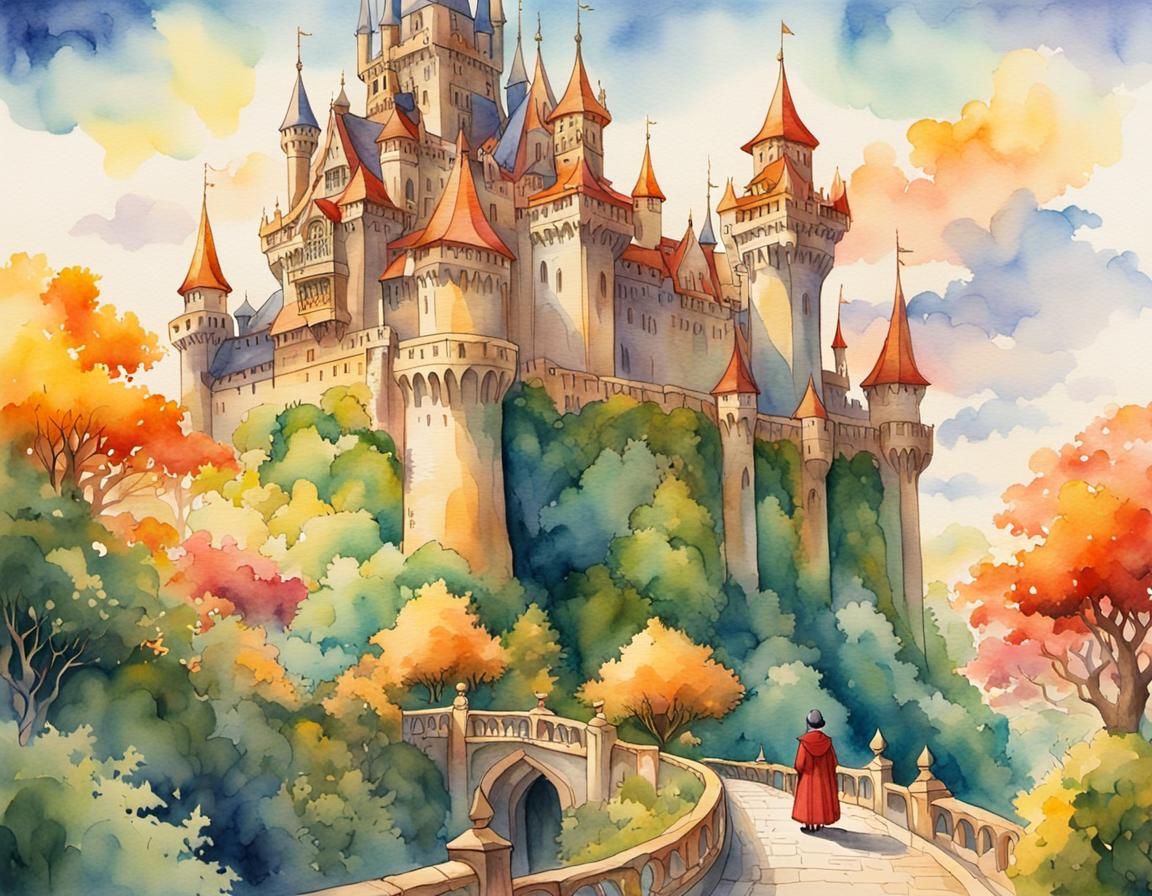 Artist in Watercolor Fantasy Landscape, Miyazaki Style