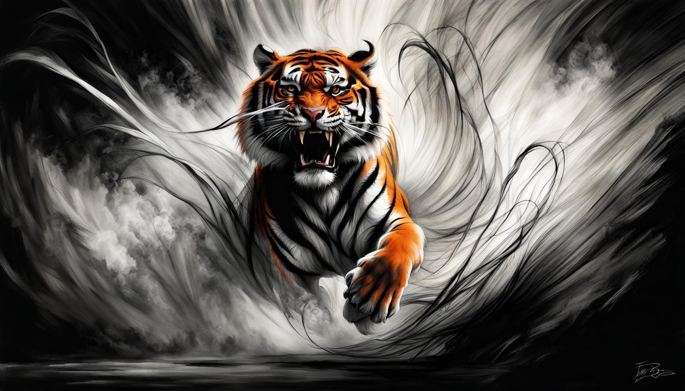 Dynamic Tiger Line Art in Dark Fantasy Style