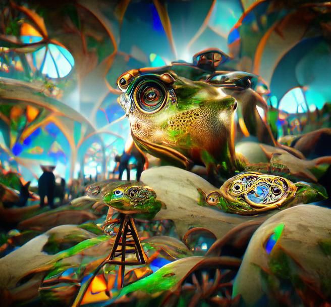 Psychedelic Steampunk Frogs in Flight, Digital Art