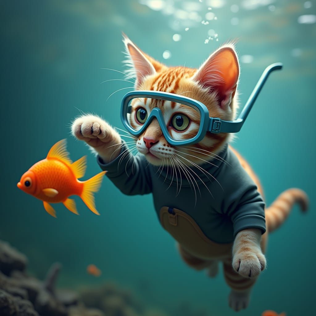 Snorkelling Cat Chasing Goldfish in Digital Art
