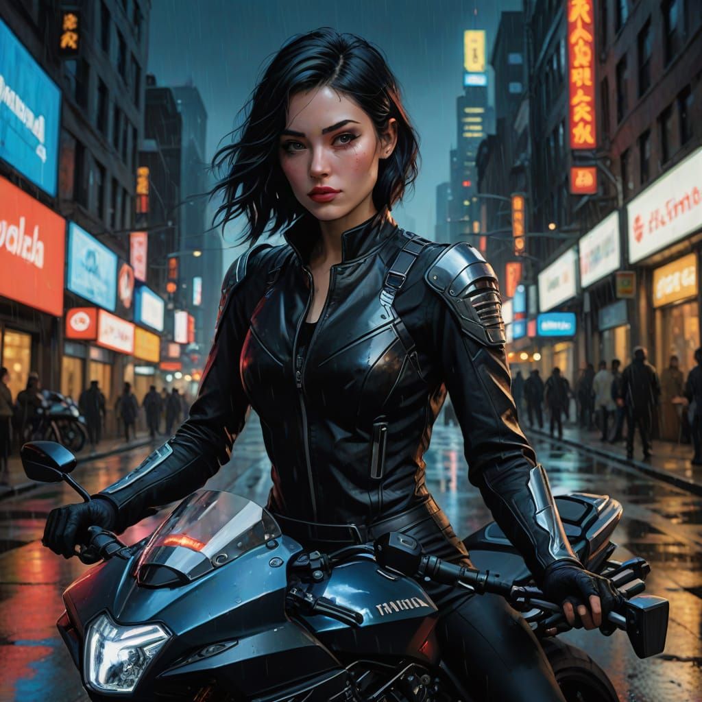 Edgy Motorcyclist Woman in Leather Outfit