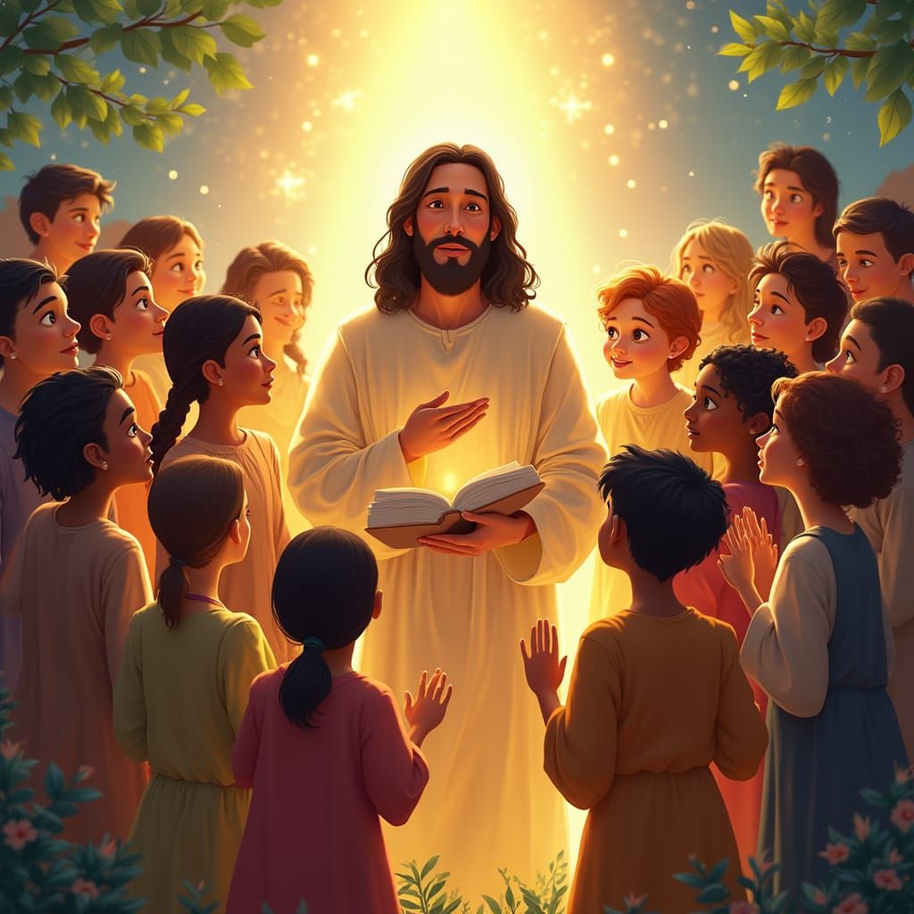 Peaceful Gathering of Children with Jesus in Whimsical Digit...