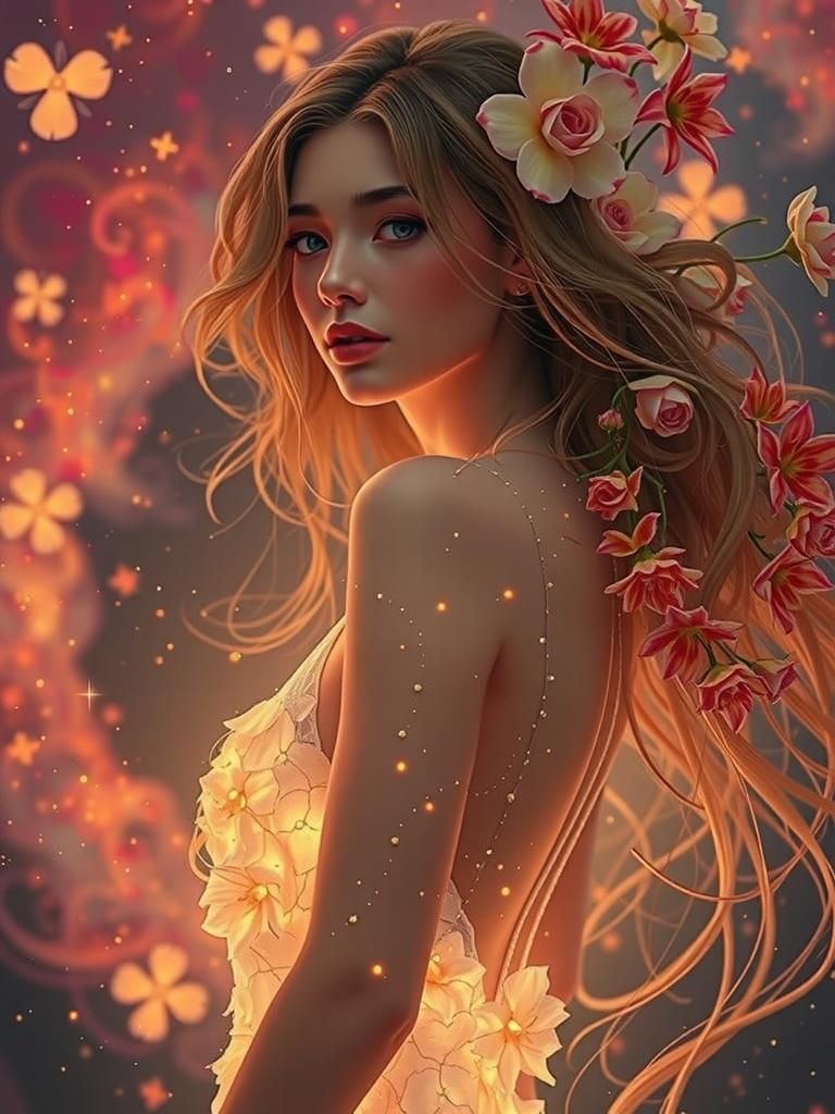 Ethereal Woman Radiating Light Amidst Blooming Flora