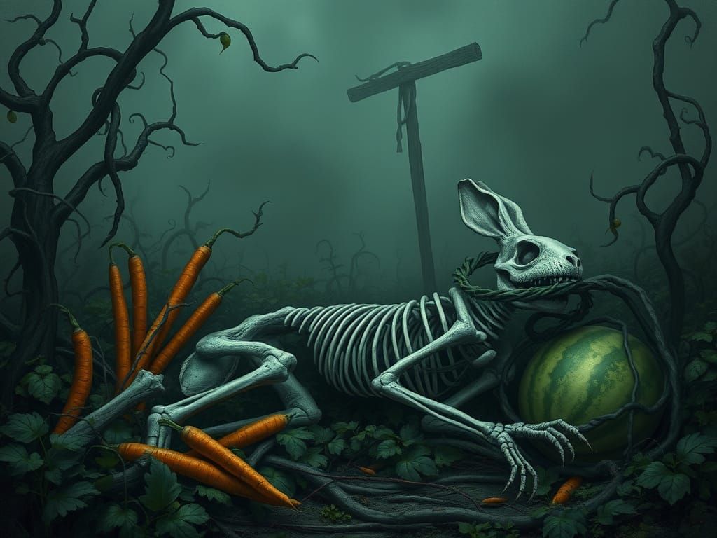 Forsaken Garden with Rabbit Skeleton in Haunting Style