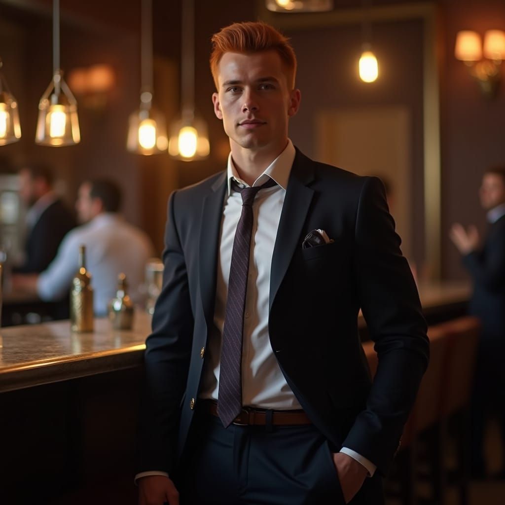 Athletic Red-Haired Man in High-End Bar Photo