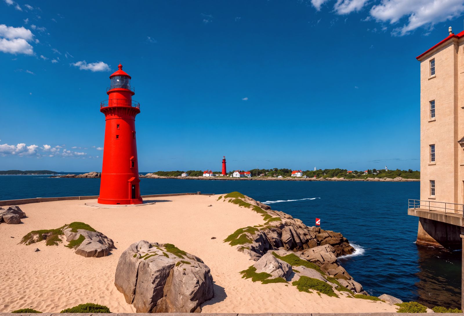Vibrant Red Lighthouse Amidst Oceanic Splendor