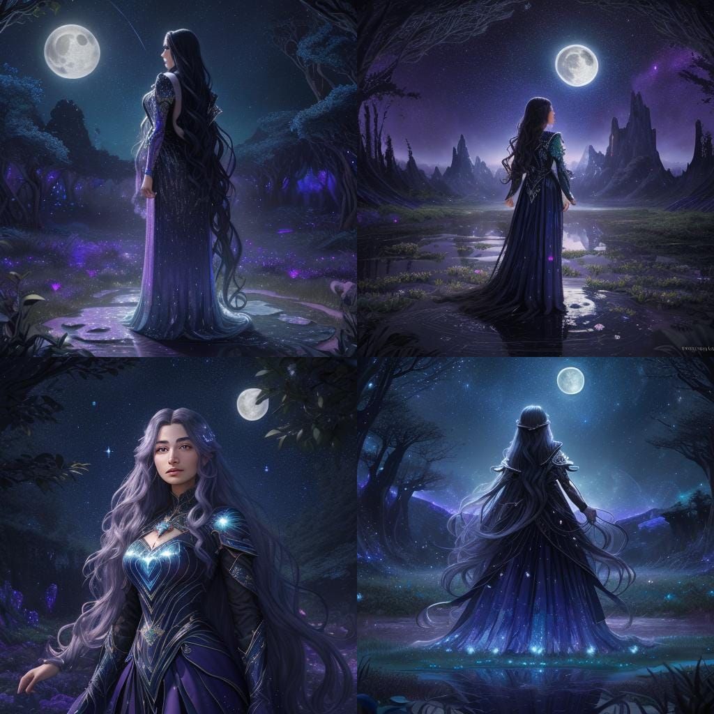 Woman Gazing at Starry Night in Fantastical Landscape