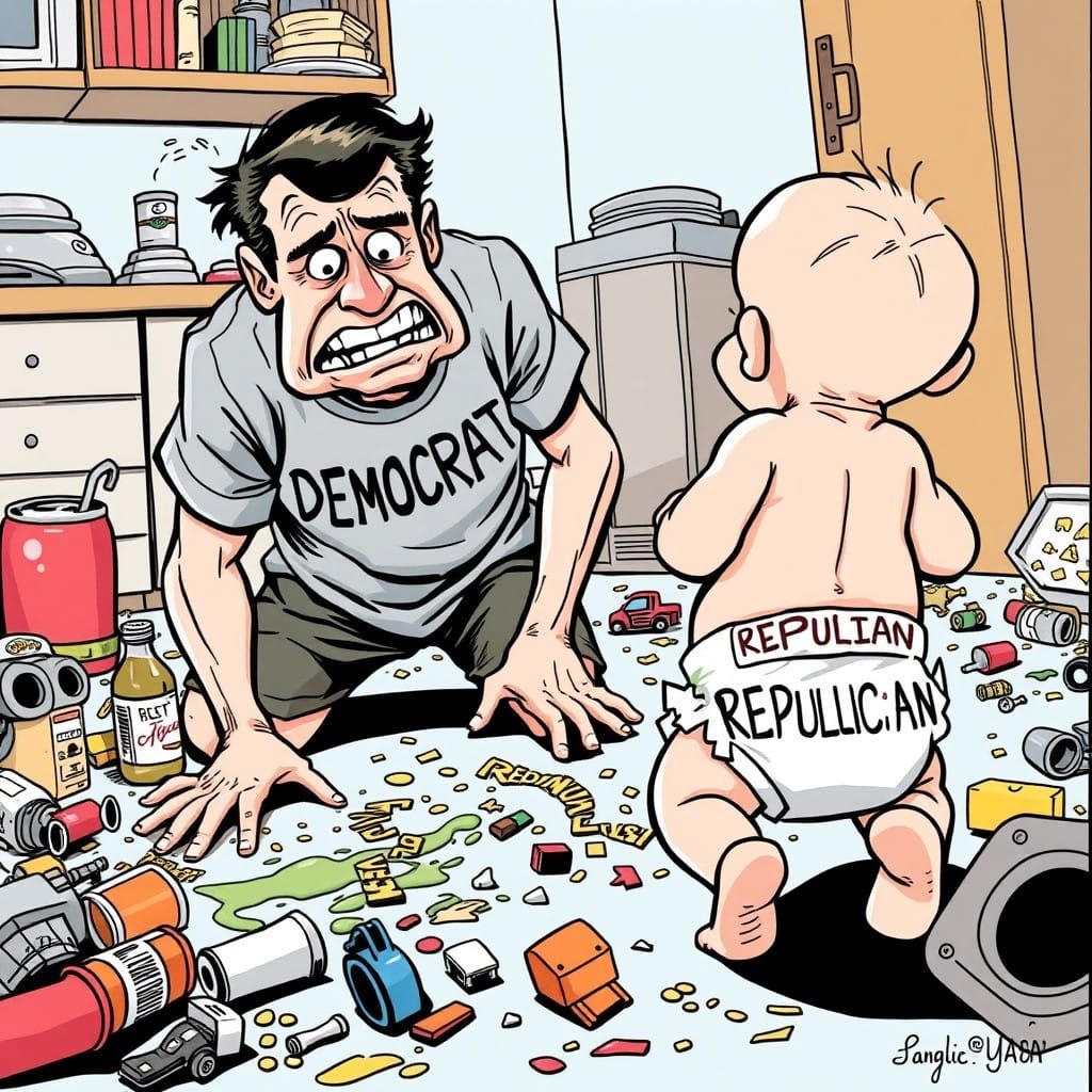 Frazzled Parent Cleans Up After Mischievous Baby in Republic...