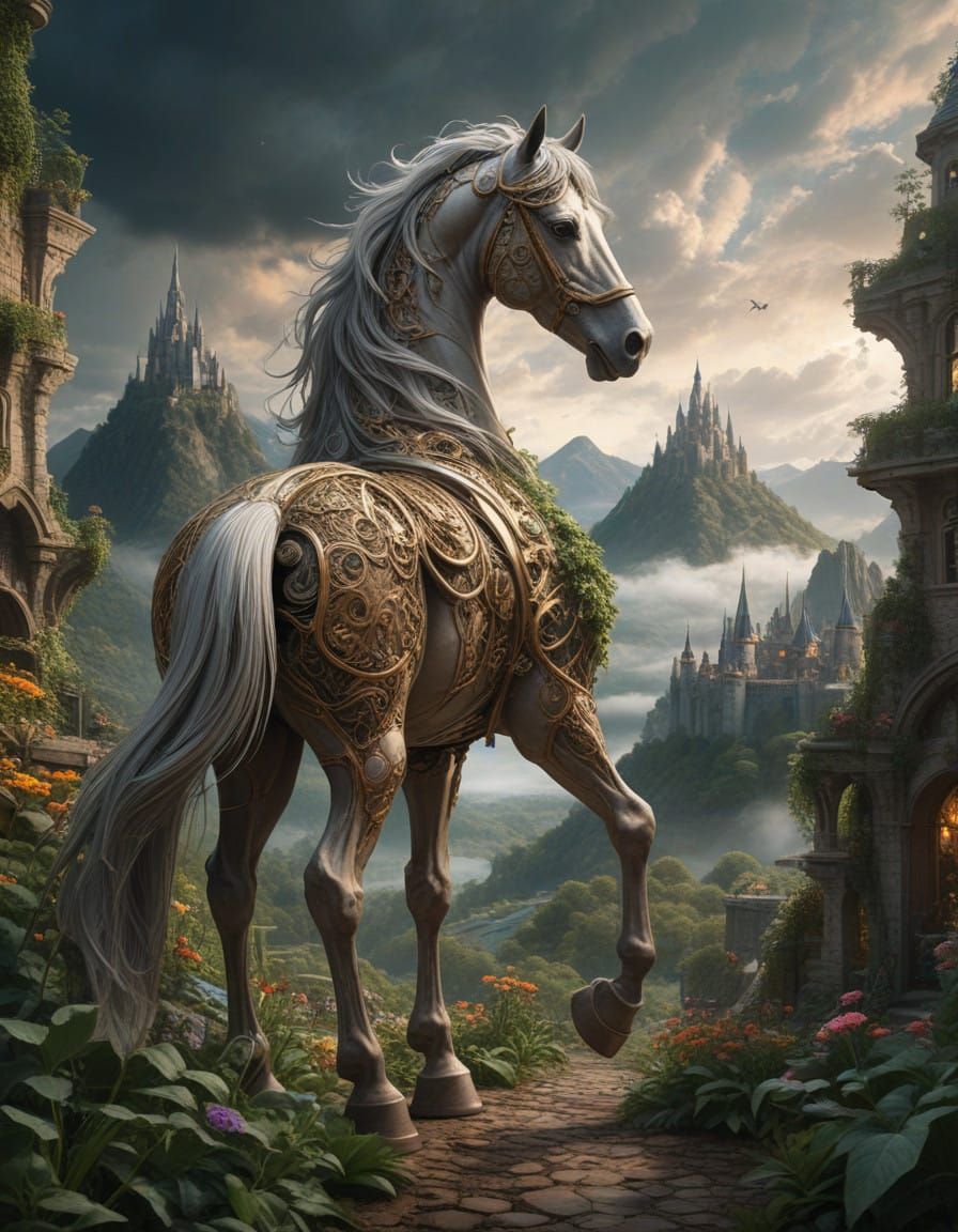 Gigantic Stone Horse with Majestic Castle and Steampunk Gard...