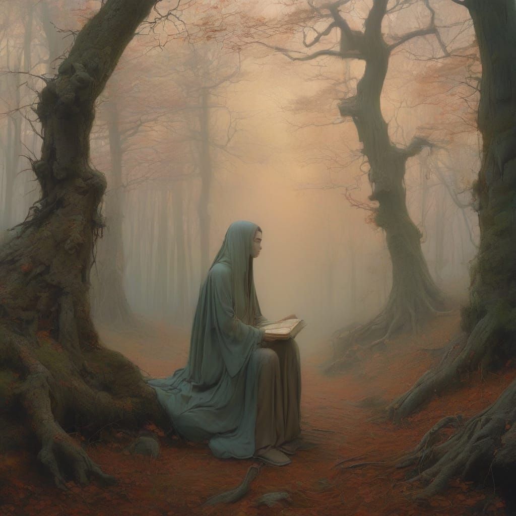 Enigmatic Woman Lost in Thought Among Ancient Trees